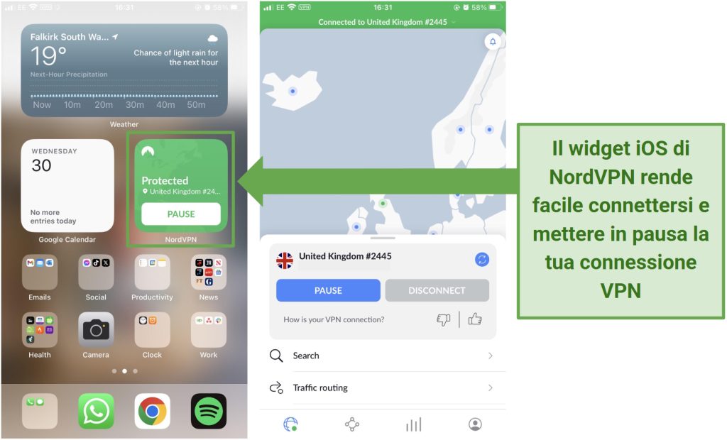 Screenshot del widget iOS di NordVPN