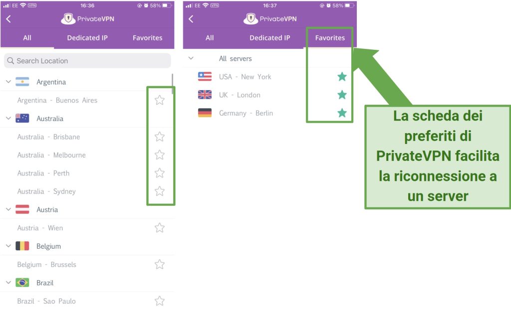 Screenshot dell'app iOS di PrivateVPN con evidenziata la scheda 'preferiti