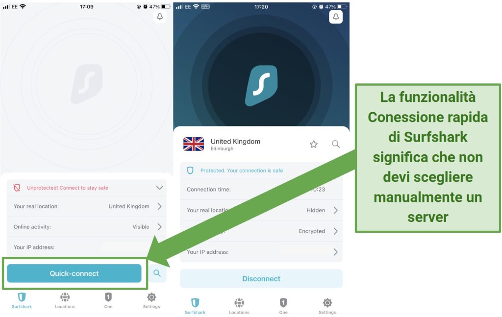 Screenshot dell'app iOS di Surfshark che evidenzia la funzione di Conessione rapida